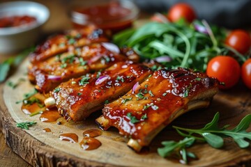 grilled pork ribs with sauce and arugula on a wooden board. BBQ with Copy Space. 