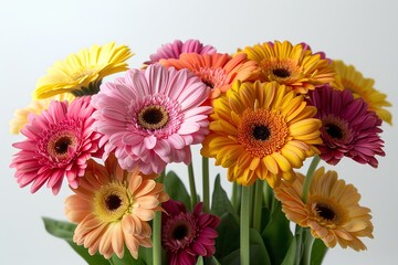 A vase filled with lots of colorful flowers on top of a table next to a wall and a white wall