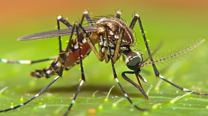 A mosquito with long legs and a black body on top of green grass, AI