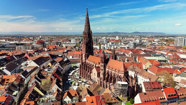 Aerial view of the city of Freiburg im Breisgau in Germany.