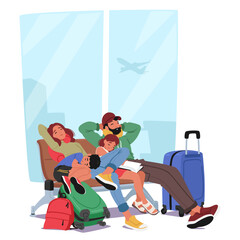 Family Characters Gathered On A Bench At The Airport, With Their Luggage Scattered Around Them. Parents and Little Kids