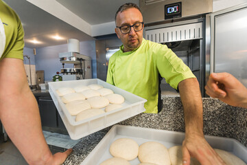 making pizza dough balls in the pizzeria kitchen, chef putting dough balls on the table. High...