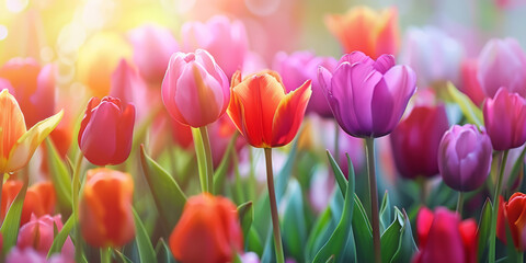 Colorful tulips in bloom. Spring flowers in the garden. Bokeh background.