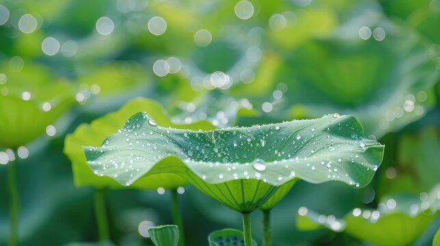 Outdoor plant photography, real scene, large water droplets and dewdrops on the lotus leaf, focus on the lotus leaf, blurred background, clean background, ultra-high definition details 32K HD