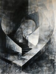 A detailed black and white painting of a staircase leading upwards, showcasing the intricate steps and railings