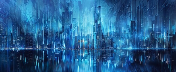 A cityscape featuring towering skyscrapers in shades of blue