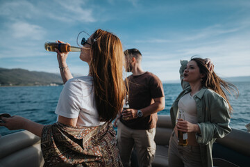 A joyful group of adults share laughs and drinks on a boat, reflecting a perfect blend of...