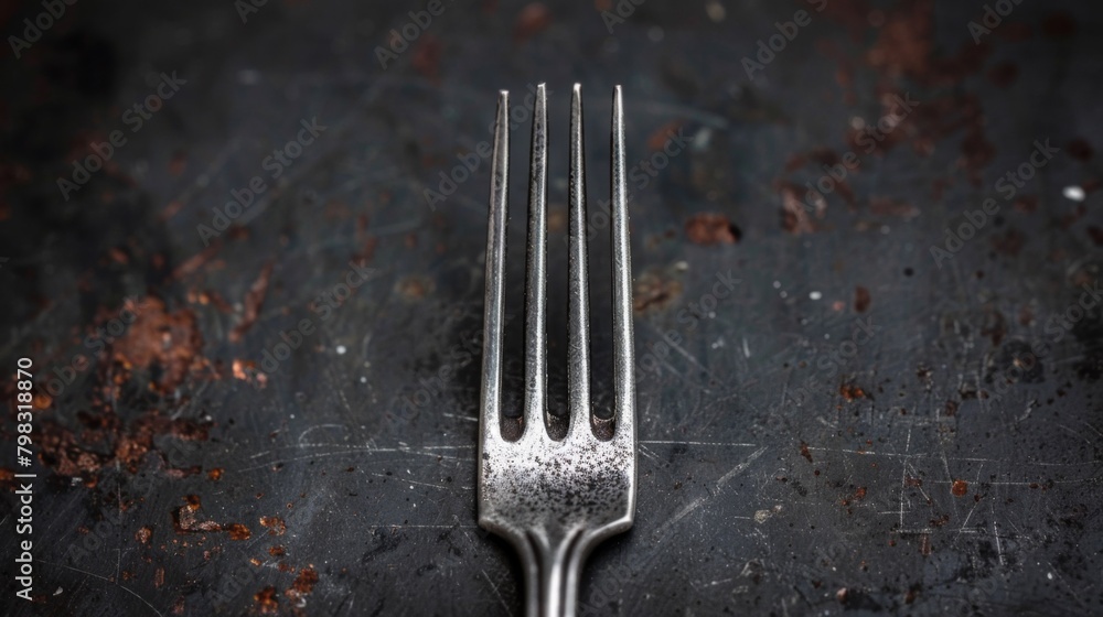 Poster a fork sitting on a dirty table with rust stains, ai