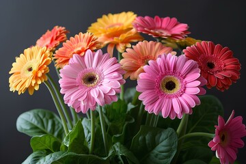 A bunch of flowers that are in a vase on a table with leaves on it and a black background flowers