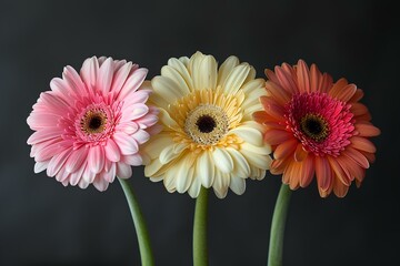 Three different colored flowers in a vase on a table top with a black background behind them with a