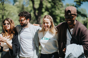 A joyful gathering of four friends in a lush green park, sharing laughs and walking closely on a...