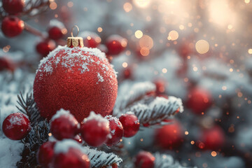 Christmas background with red bauble, fir branches, cones covered with snow