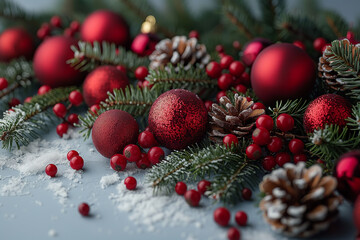 Christmas background with red bauble, fir branches, cones covered with snow