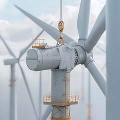 Wind turbine Installation, white blade against sky background, focus on machinery inside structure