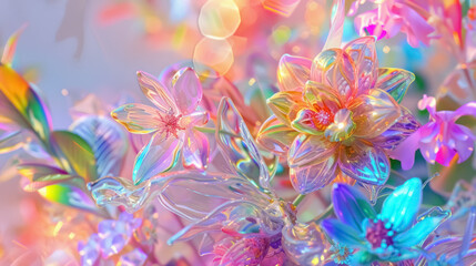 abstract 3d flowers with a vibrant iridescent holographic glass effect