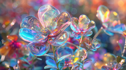 luminous 3d holographic glass flowers with sparkling bokeh on vibrant background