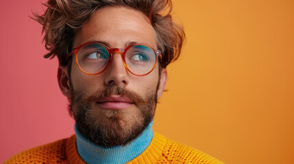 stylish man with beard and trendy glasses on a colorful background, with a copy space for text