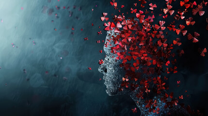 artistic conceptual portrait of a woman with butterflies flying from face representing ALS awareness, with a copy space for text
