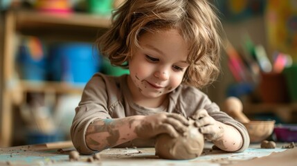 A young child sitting at a table eagerly molding a ball of clay into a basic figurine shape..