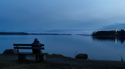 Naklejka na ściany i meble Lonely person sitting on a wooden bench alone at dusk looking at the sunset
