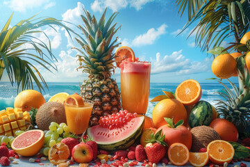 vibrant tropical fruit assortment with fresh juices against a scenic ocean backdrop