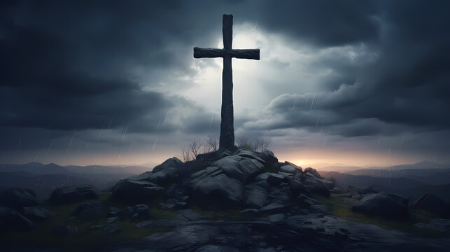 The cross stands on top of the rock