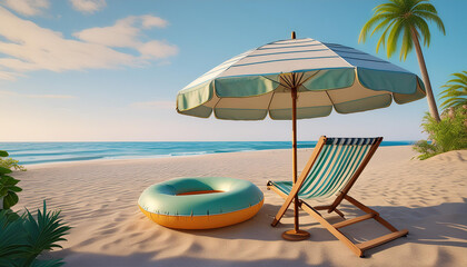 Beach umbrella with chairs, inflatable ring on beach sand, summer vacation concept. 