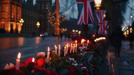 Death Britain royal flag flowers Buckingham palace London memorial British mourning candle vigil concept dead family