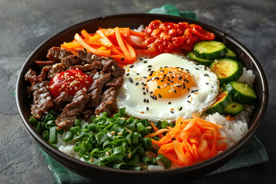 traditional korean bibimbap bowl with vegetables and fried egg on top