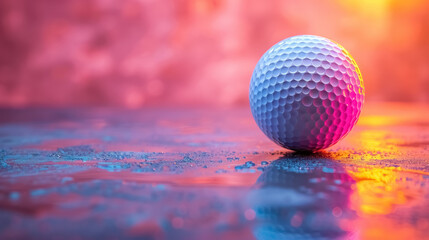 holographic golf ball with reflective surface on wet ground at sunset, with a copy space for text