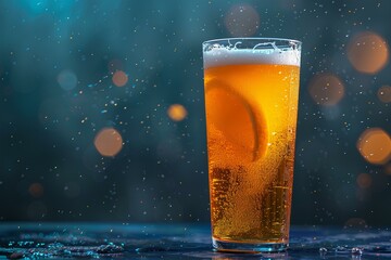 A glass of beer with a slice of lemon on the rim of it and water droplets around it on a table a