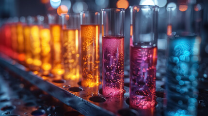 colorful liquid in laboratory test tubes with holographic glow