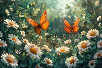 enchanting garden backdrop with monarch butterflies and blossoming daisies