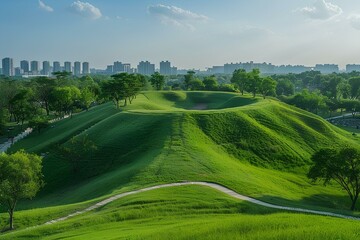A lush green hillside with a winding path in the middle of it and a city in the background on a