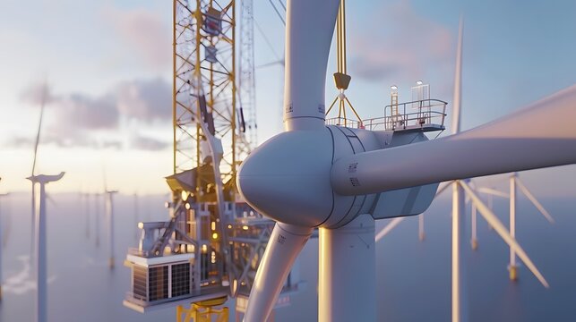 Wind turbine Installation, white blade against sky background, focus on machinery inside structure