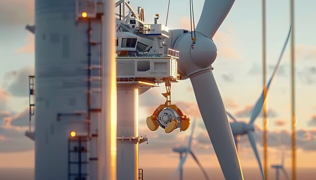 Wind turbine Installation, white blade against sky background, focus on machinery inside structure