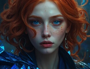 Illustration Portrait of a Redheaded Woman with Piercing Blue Eyes, Ready for Epic Quest,  AI Generative