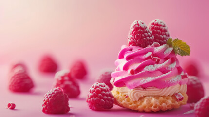 delicious raspberry vanilla pastry on pink, gourmet dessert with elegant presentation