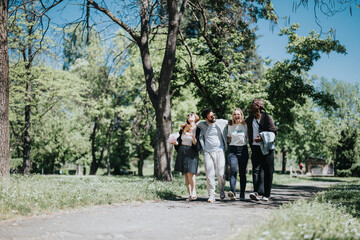 A cheerful group of multicultural friends walks through a park on a sunny spring day, sharing laughs and enjoying each other's company.