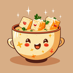 Cute vector illustration of a bowl of esneka garlic soup with funny face.