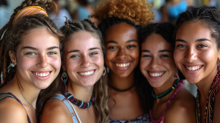 Obraz premium A diverse group of girls laughing and sharing stories. Focus on the emotions and connection between them. photo-realistic, wallpaper, Generative AI