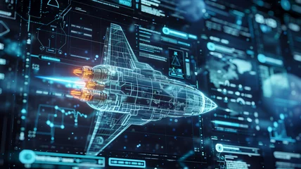  High-tech AI generative projection of a futuristic spacecraft or military air strike design on a glass virtual interface © Glebstock