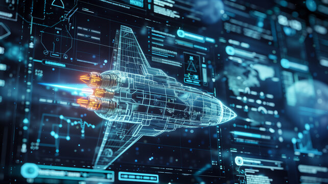  High-tech AI generative projection of a futuristic spacecraft or military air strike design on a glass virtual interface