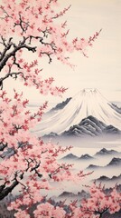 Traditional japanese wood block print illustration of a blossom sakura against fuji mountain flower landscape outdoors.