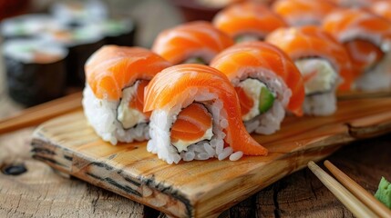 sushi rolls with salmon on a beautiful background, natural lighting, High- angle photo of, medium-full photo