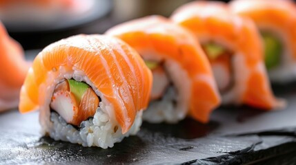 sushi rolls with salmon on a beautiful background, natural lighting, High- angle photo of, medium-full photo