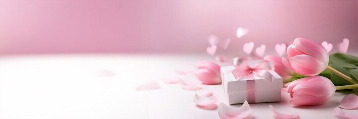 Pink tulips, a gift box, and scattered petals on a soft pink background, celebrations for mother’s day or valentine’s day.