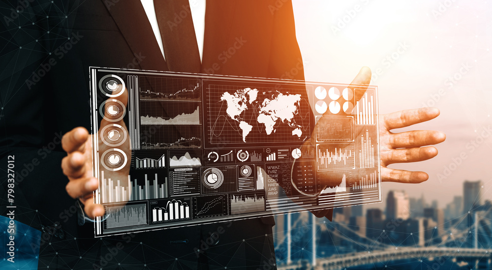 Poster big data technology for business finance analytic concept. modern interface shows massive informatio