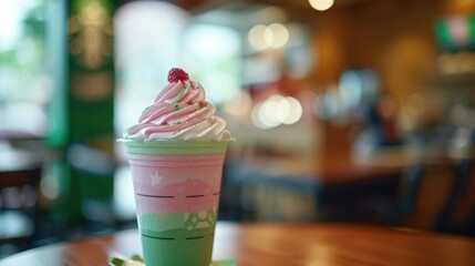 the new Raspberry Matcha Cream Frappuccino from Starbucks standing on a table in a starbucks cafe, commercial shot,