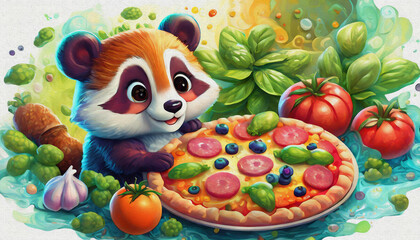 Fototapeta premium oil painting style CARTOON CHARACTER CUTE panda and raccoon Tasty pepperoni pizza and cooking ingredients, 